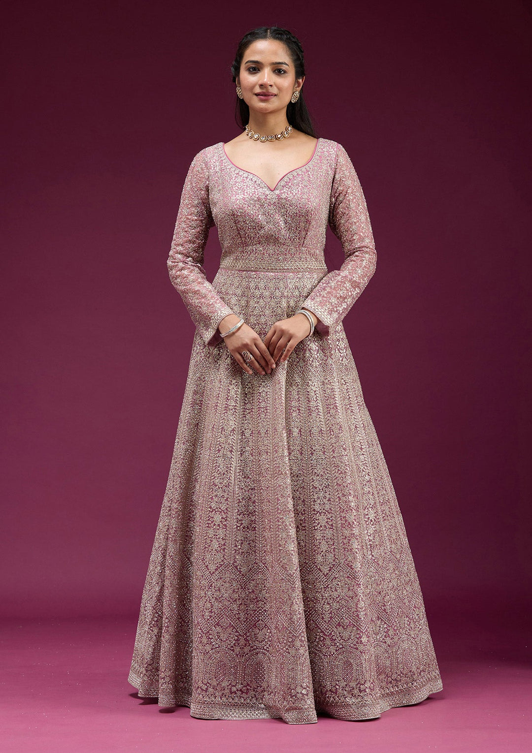 Pink Zariwork (Gold) Net Readymade Anarkali Suit-koskii