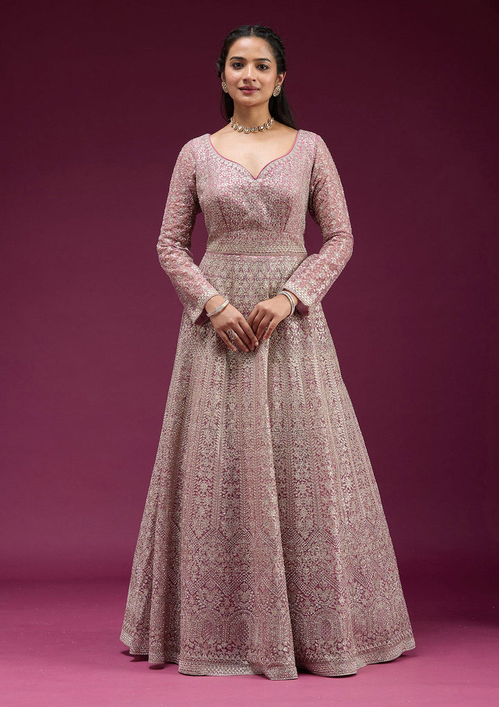 Pink Zariwork (Gold) Net Readymade Anarkali Suit-koskii