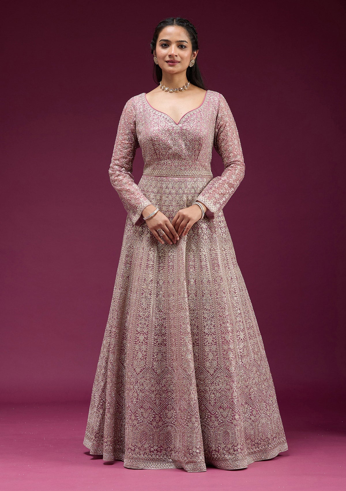 Pink Zariwork (Gold) Net Readymade Anarkali Suit-koskii