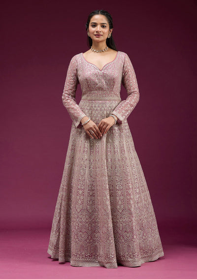 Pink Zariwork (Gold) Net Readymade Anarkali Suit-koskii