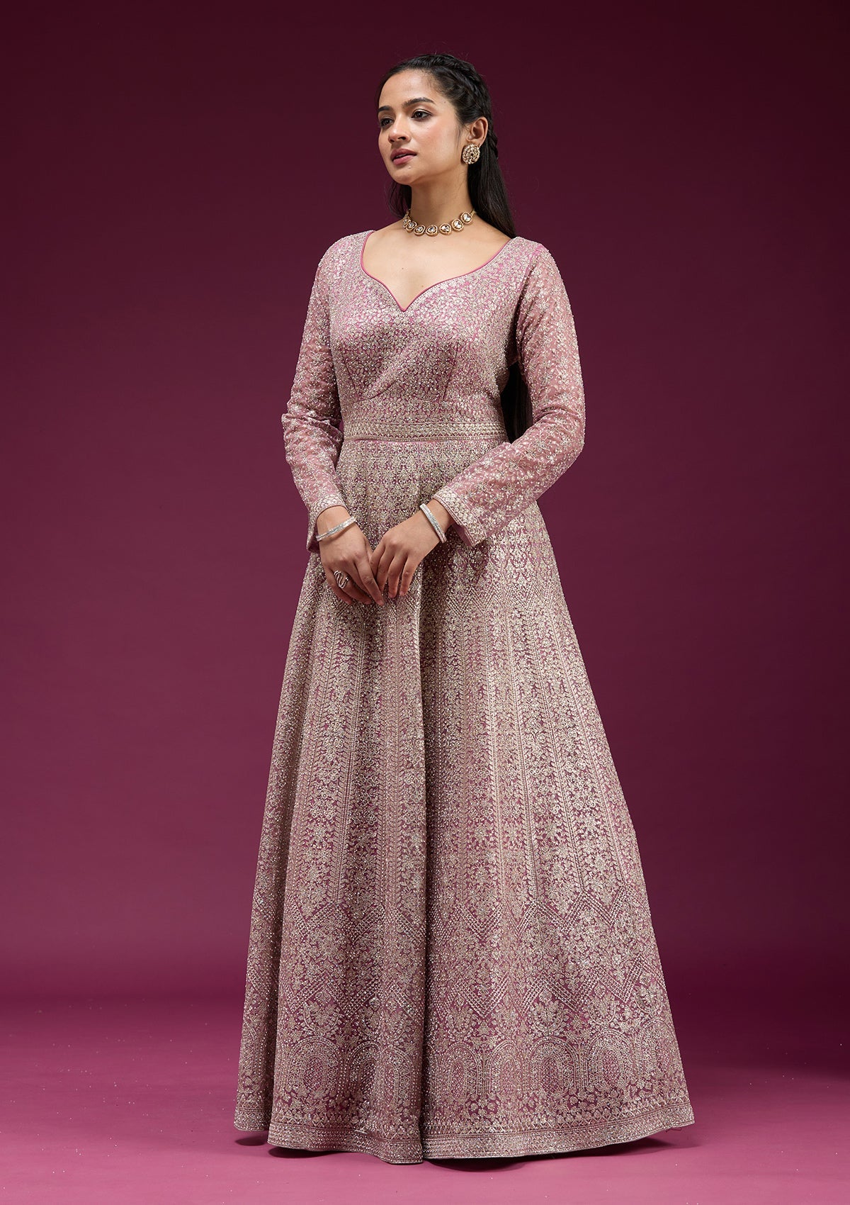 Pink Zariwork (Gold) Net Readymade Anarkali Suit-koskii