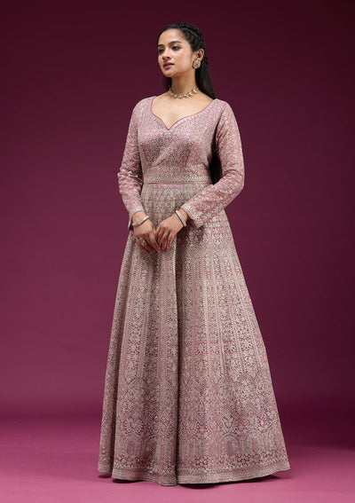 Pink Zariwork (Gold) Net Readymade Anarkali Suit-koskii
