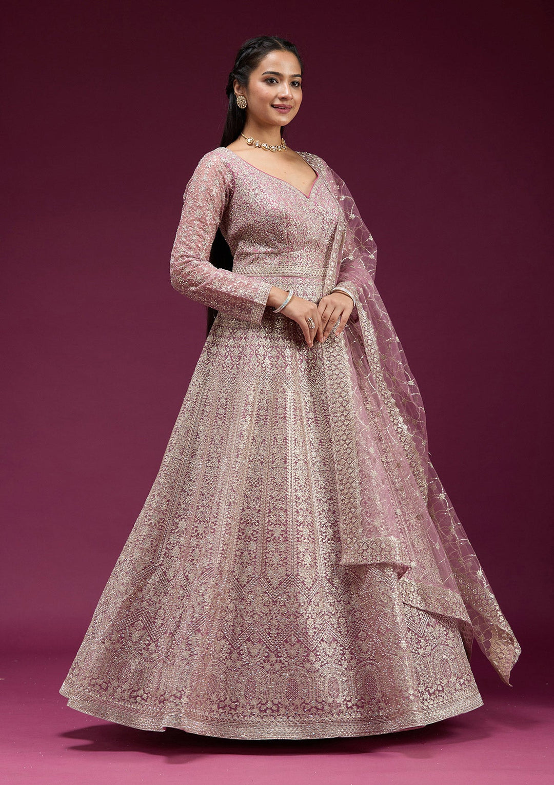 Pink Zariwork (Gold) Net Readymade Anarkali Suit-koskii