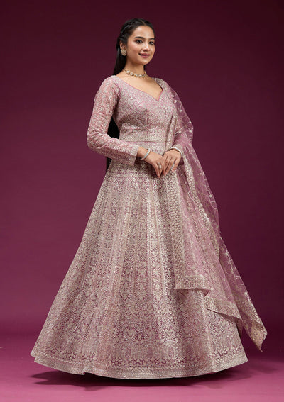 Pink Zariwork (Gold) Net Readymade Anarkali Suit-koskii