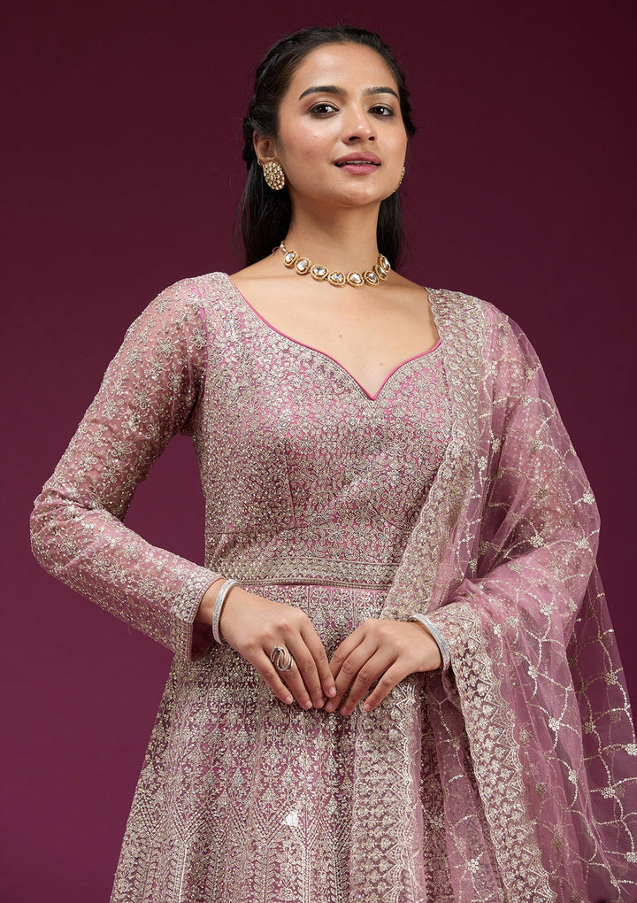 Pink Zariwork (Gold) Net Readymade Anarkali Suit-koskii