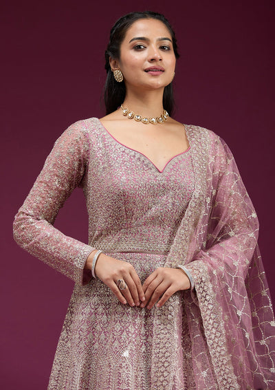 Pink Zariwork (Gold) Net Readymade Anarkali Suit-koskii