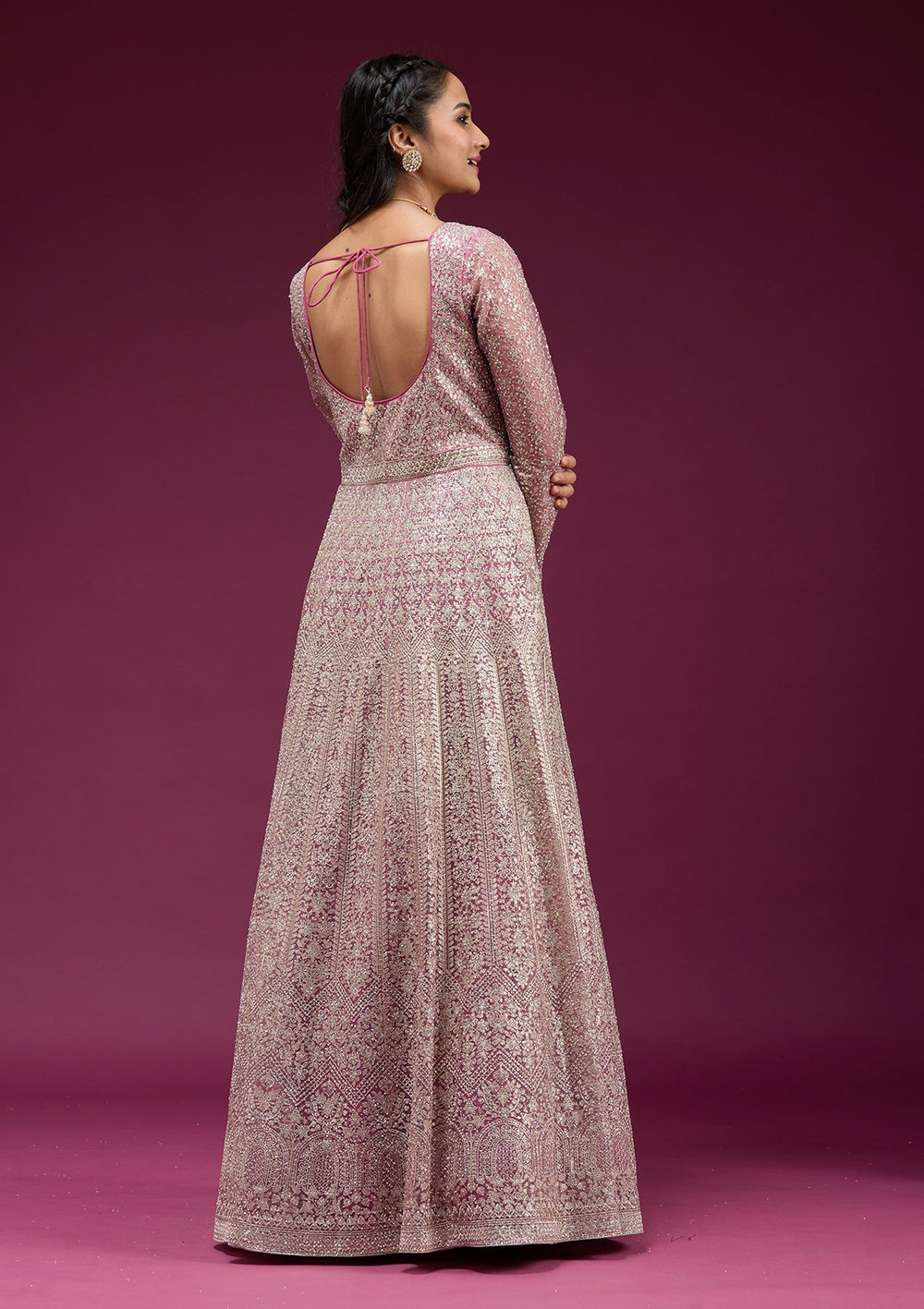 Pink Zariwork (Gold) Net Readymade Anarkali Suit-koskii