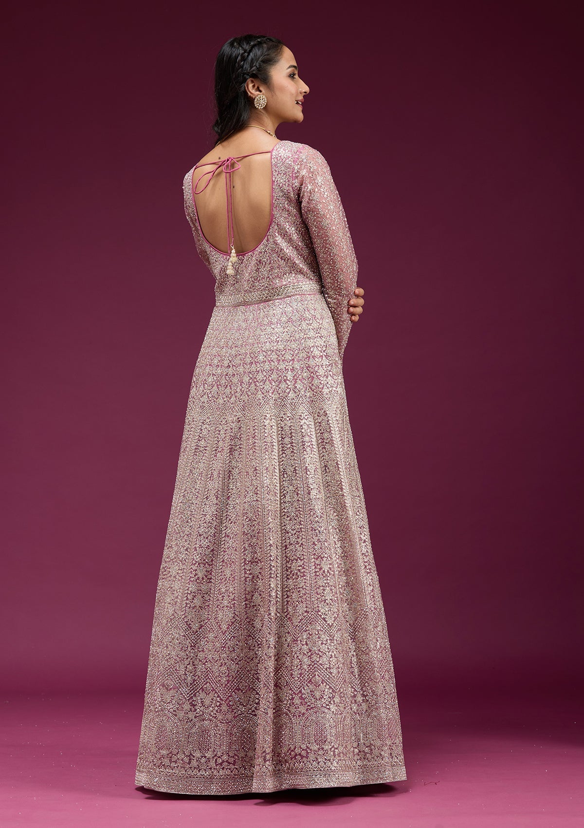 Pink Zariwork (Gold) Net Readymade Anarkali Suit-koskii