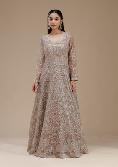 Mauve Zariwork (Gold) Net Readymade Salwar Suit_koskii