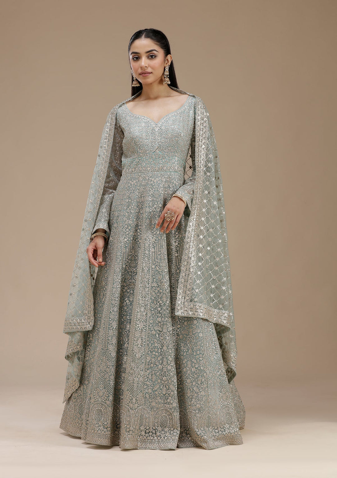 Sky Blue Zariwork (Gold) Net Readymade Salwar Suit_koskii