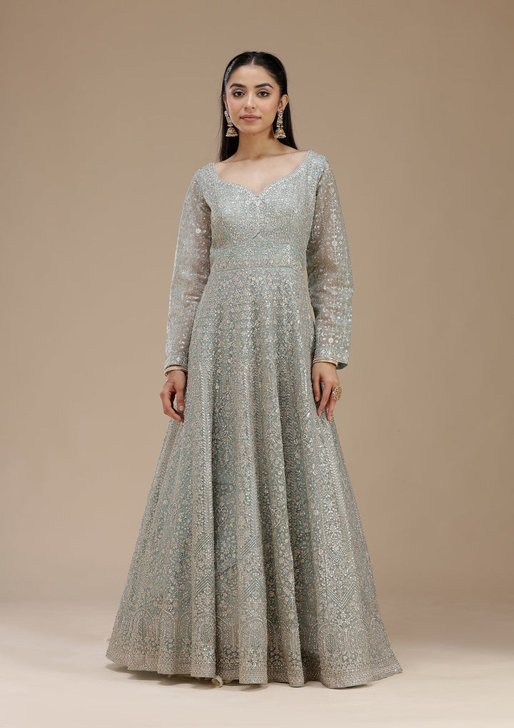 Sky Blue Zariwork (Gold) Net Readymade Salwar Suit_koskii