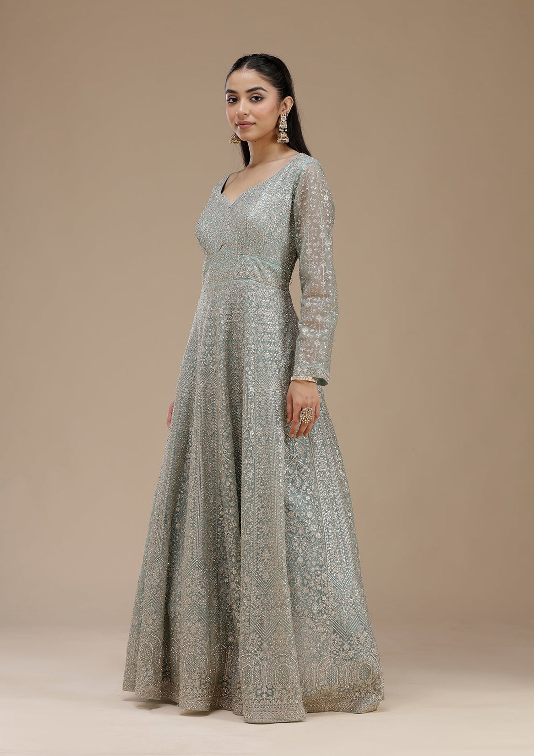 Sky Blue Zariwork (Gold) Net Readymade Salwar Suit_koskii