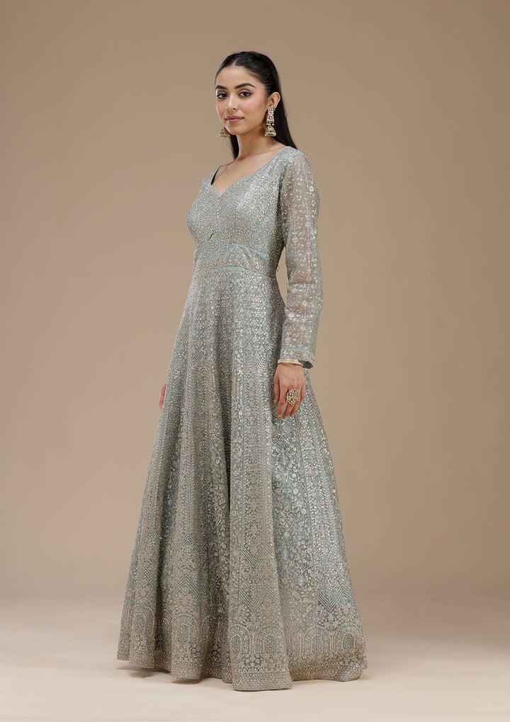 Sky Blue Zariwork (Gold) Net Readymade Salwar Suit_koskii