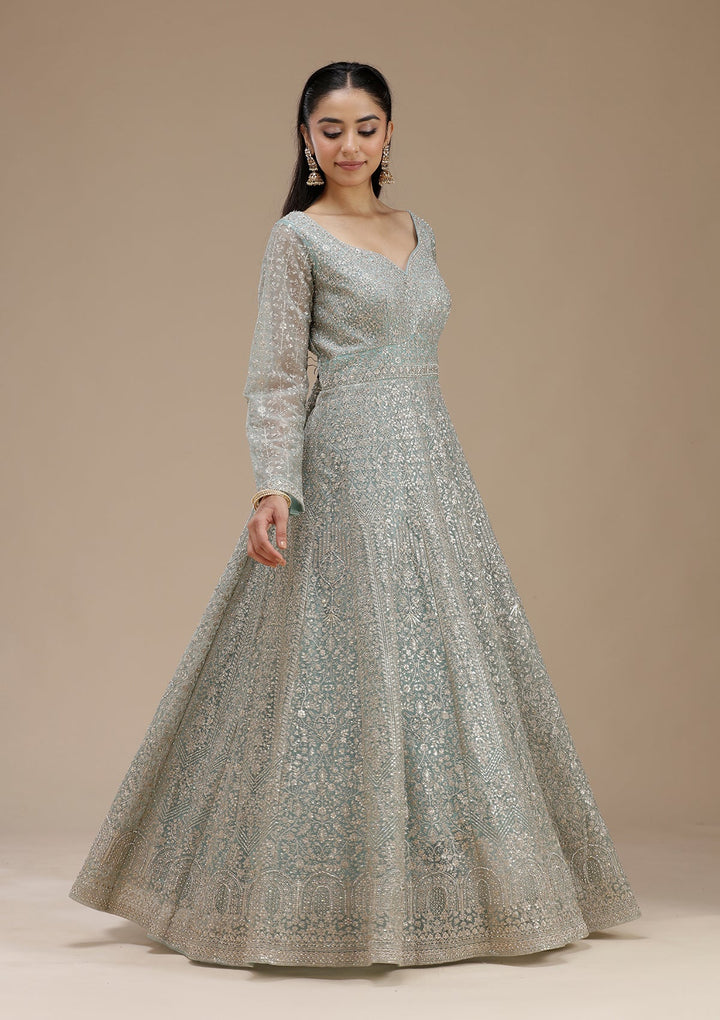Sky Blue Zariwork (Gold) Net Readymade Salwar Suit_koskii