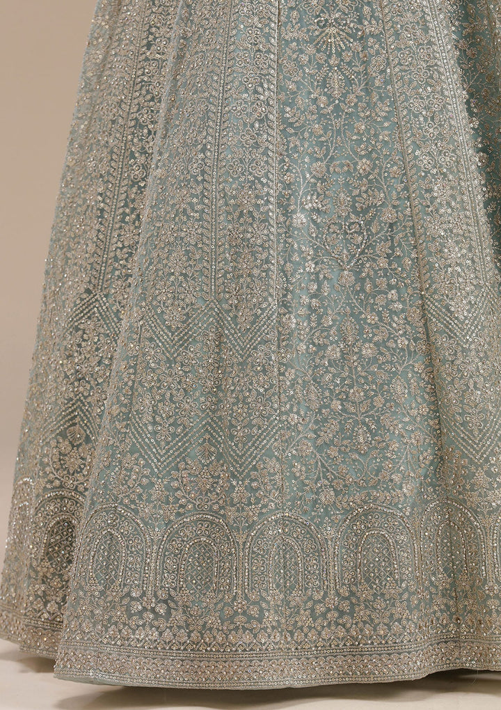 Sky Blue Zariwork (Gold) Net Readymade Salwar Suit_koskii