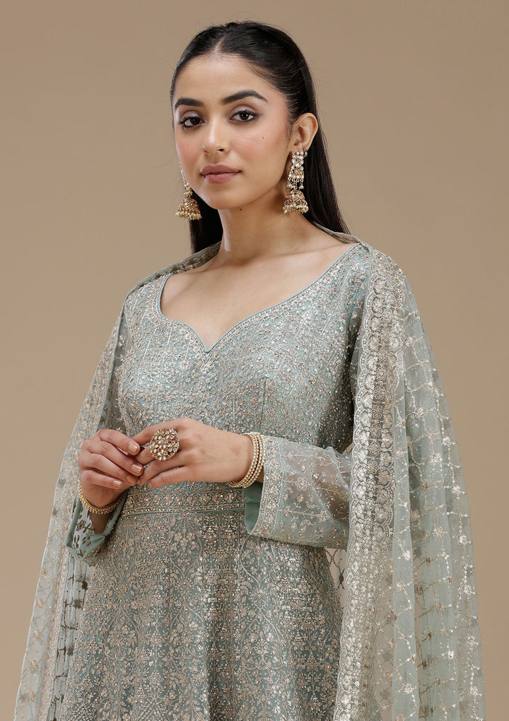 Sky Blue Zariwork (Gold) Net Readymade Salwar Suit_koskii