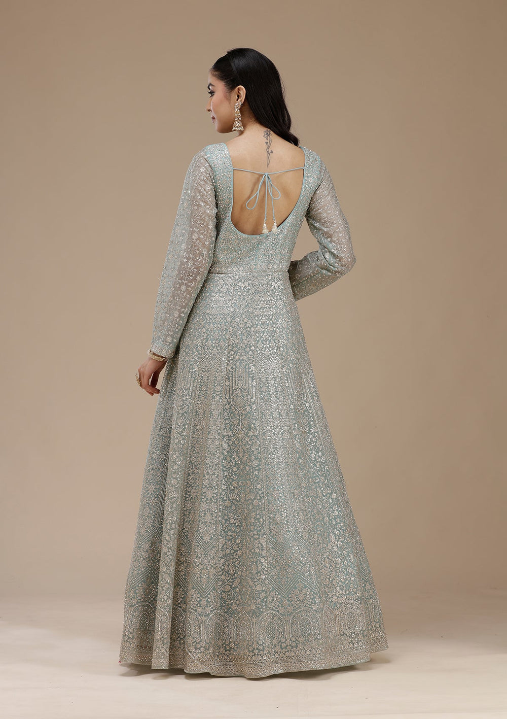 Sky Blue Zariwork (Gold) Net Readymade Salwar Suit_koskii