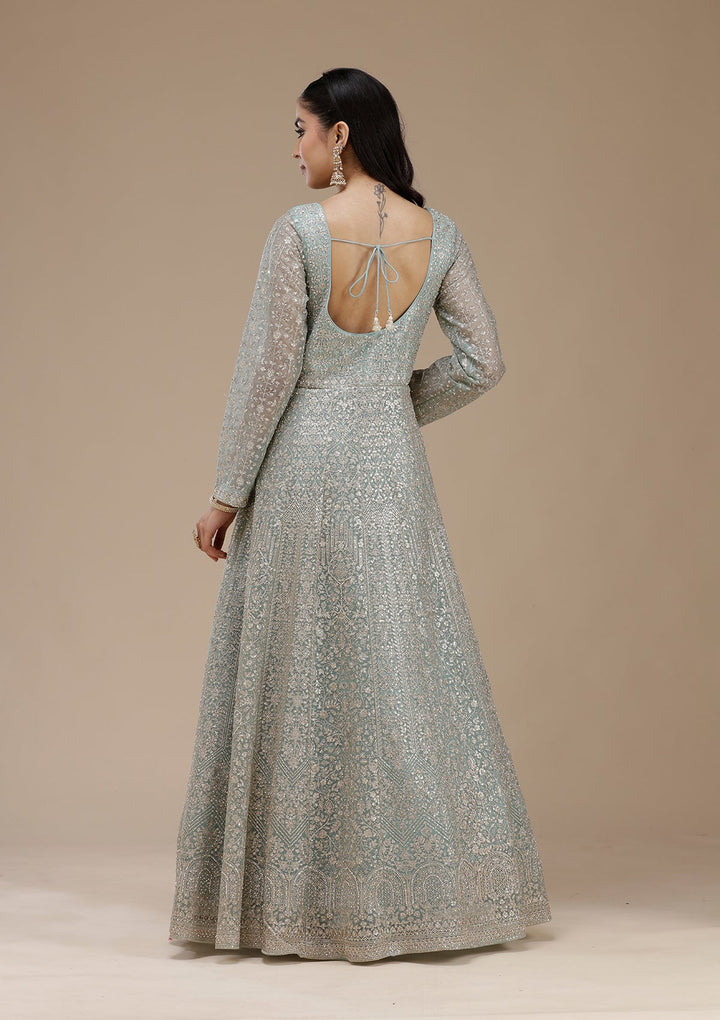 Sky Blue Zariwork (Gold) Net Readymade Salwar Suit_koskii