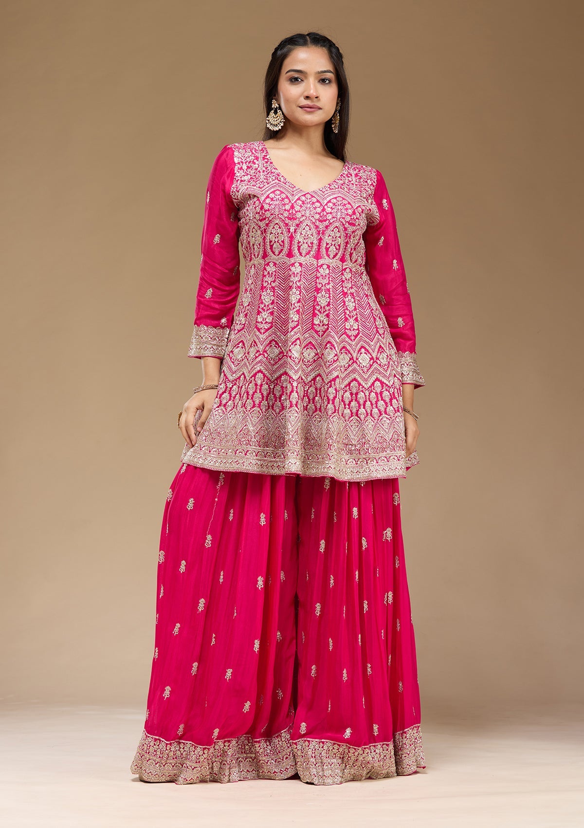 Rani Pink Zariwork (Gold) Chinon Readymade Salwar Suit-koskii