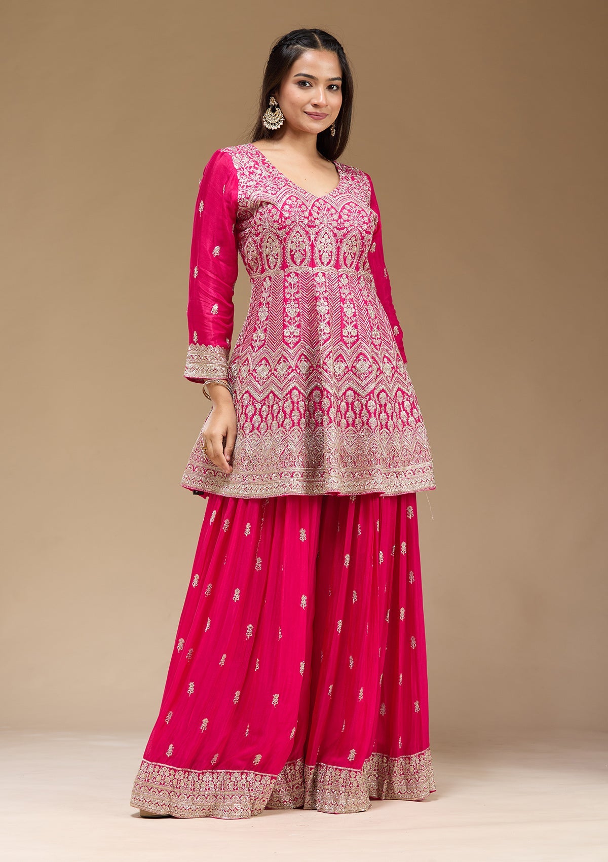 Rani Pink Zariwork (Gold) Chinon Readymade Salwar Suit-koskii