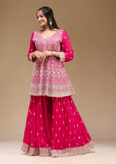 Rani Pink Zariwork (Gold) Chinon Readymade Salwar Suit-koskii