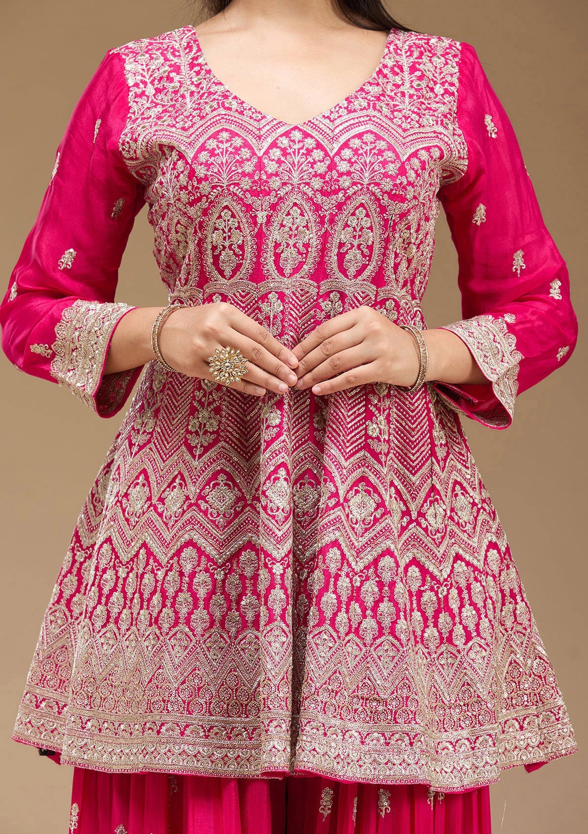 Rani Pink Zariwork (Gold) Chinon Readymade Salwar Suit-koskii