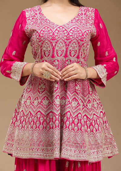 Rani Pink Zariwork (Gold) Chinon Readymade Salwar Suit-koskii