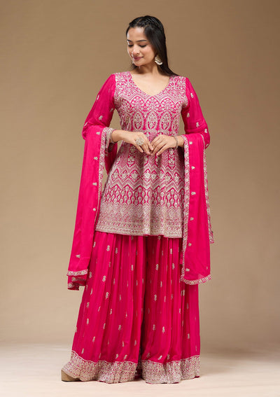Rani Pink Zariwork (Gold) Chinon Readymade Salwar Suit-koskii