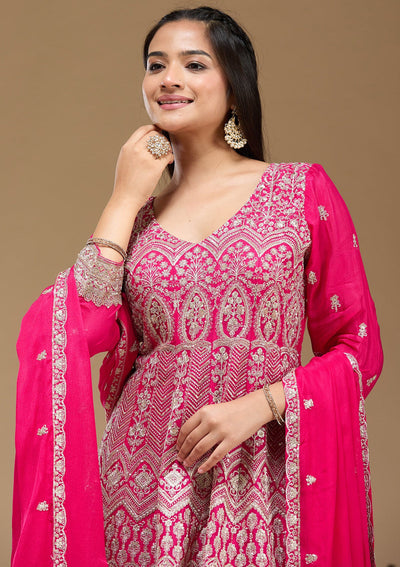 Rani Pink Zariwork (Gold) Chinon Readymade Salwar Suit-koskii