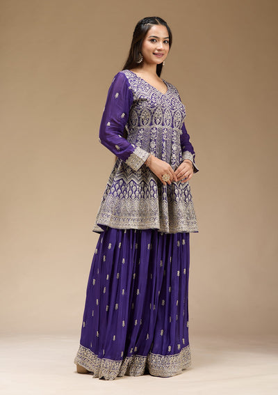 Royal Blue Zariwork (Gold) Chinon Readymade Salwar Suit-koskii