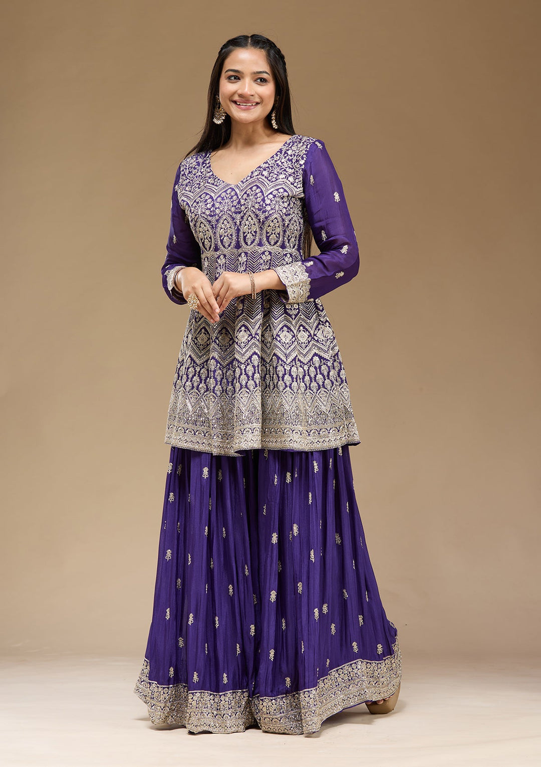 Royal Blue Zariwork (Gold) Chinon Readymade Salwar Suit-koskii