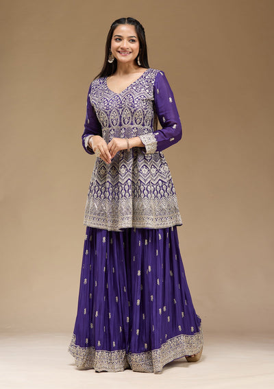 Royal Blue Zariwork (Gold) Chinon Readymade Salwar Suit-koskii