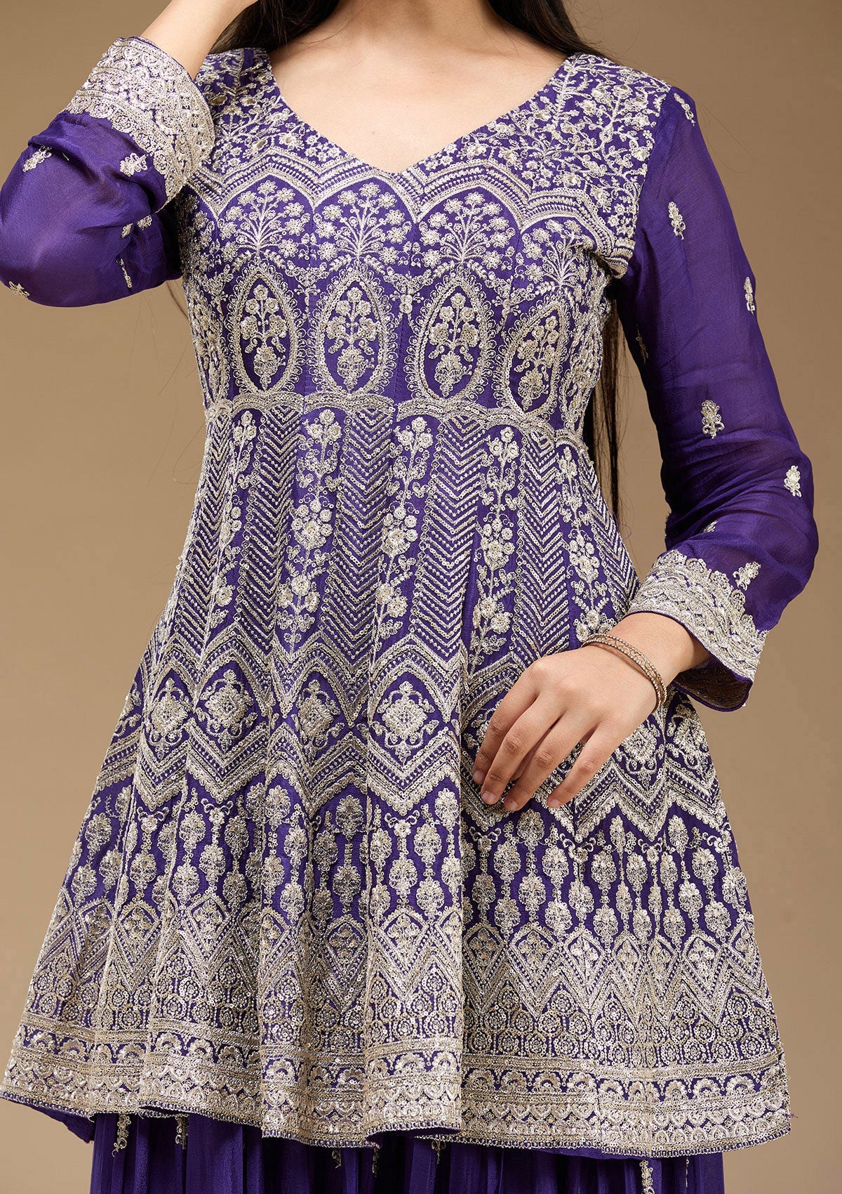 Royal Blue Zariwork (Gold) Chinon Readymade Salwar Suit-koskii