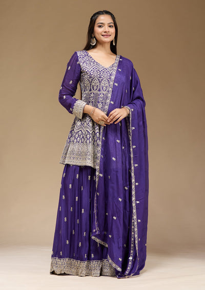 Royal Blue Zariwork (Gold) Chinon Readymade Salwar Suit-koskii