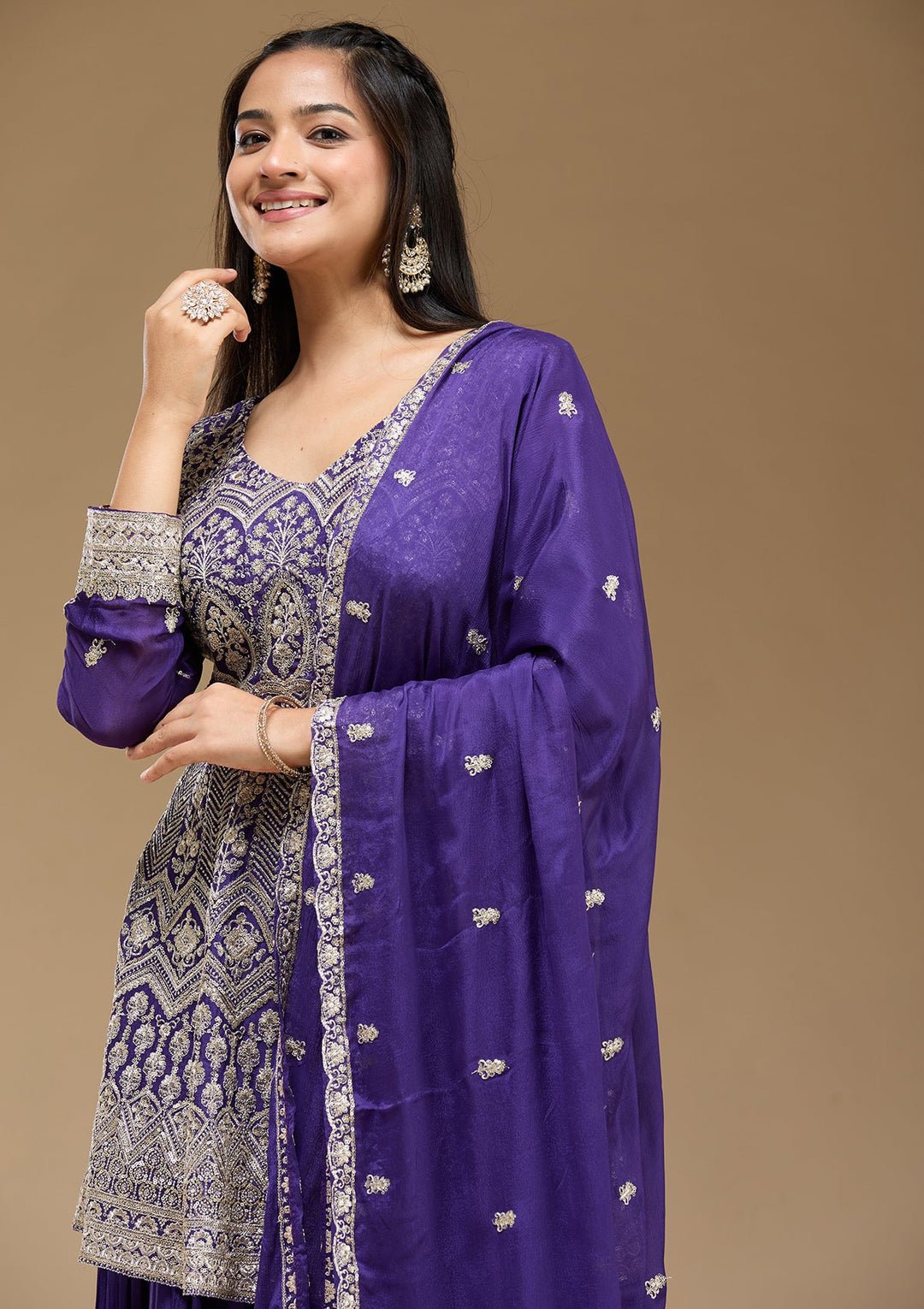 Royal Blue Zariwork (Gold) Chinon Readymade Salwar Suit-koskii