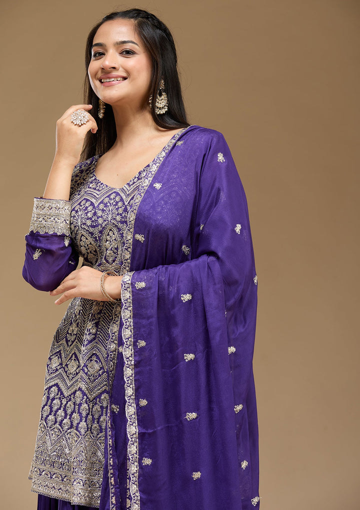 Royal Blue Zariwork (Gold) Chinon Readymade Salwar Suit-koskii
