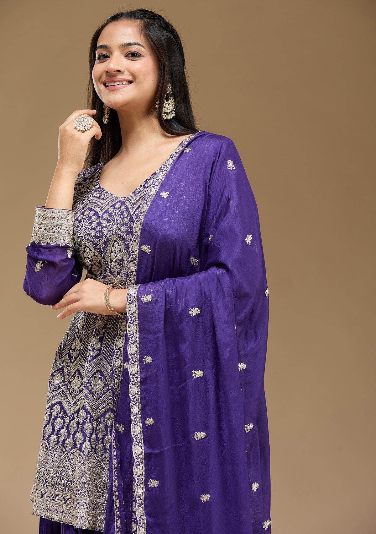 Royal Blue Zariwork (Gold) Chinon Readymade Salwar Suit-koskii