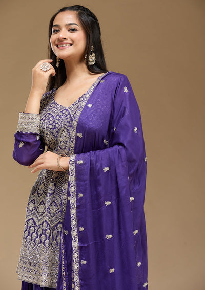 Royal Blue Zariwork (Gold) Chinon Readymade Salwar Suit-koskii