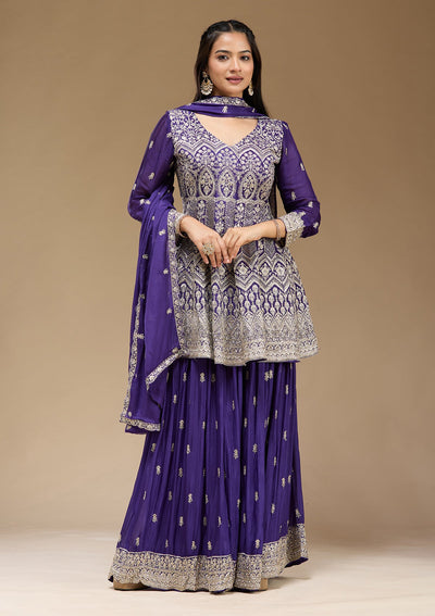 Royal Blue Zariwork (Gold) Chinon Readymade Salwar Suit-koskii