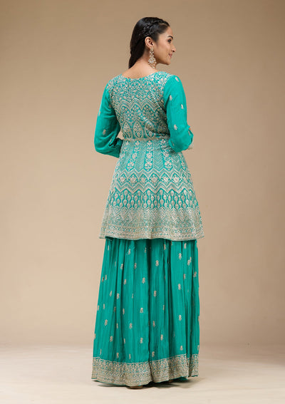 Sea Green Zariwork (Gold) Chinon Readymade Salwar Suit-koskii