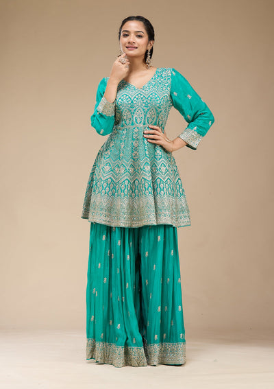 Sea Green Zariwork (Gold) Chinon Readymade Salwar Suit-koskii