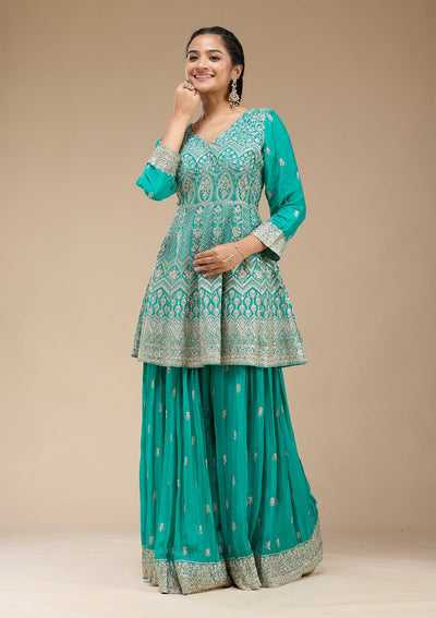 Sea Green Zariwork (Gold) Chinon Readymade Salwar Suit-koskii