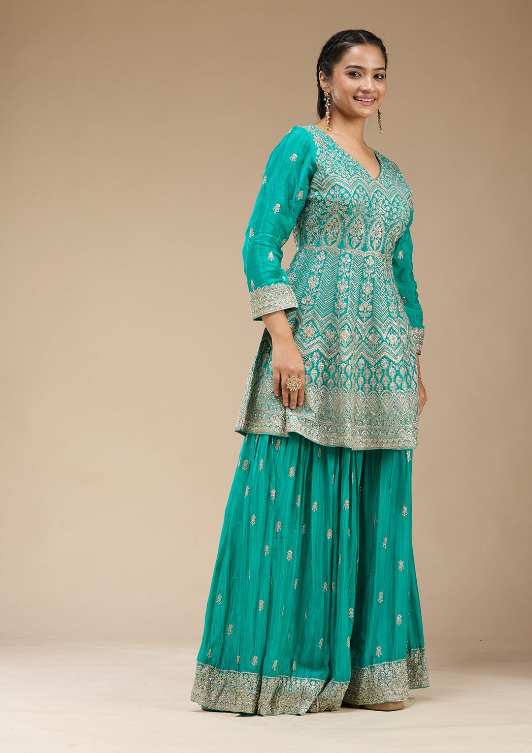 Sea Green Zariwork (Gold) Chinon Readymade Salwar Suit-koskii