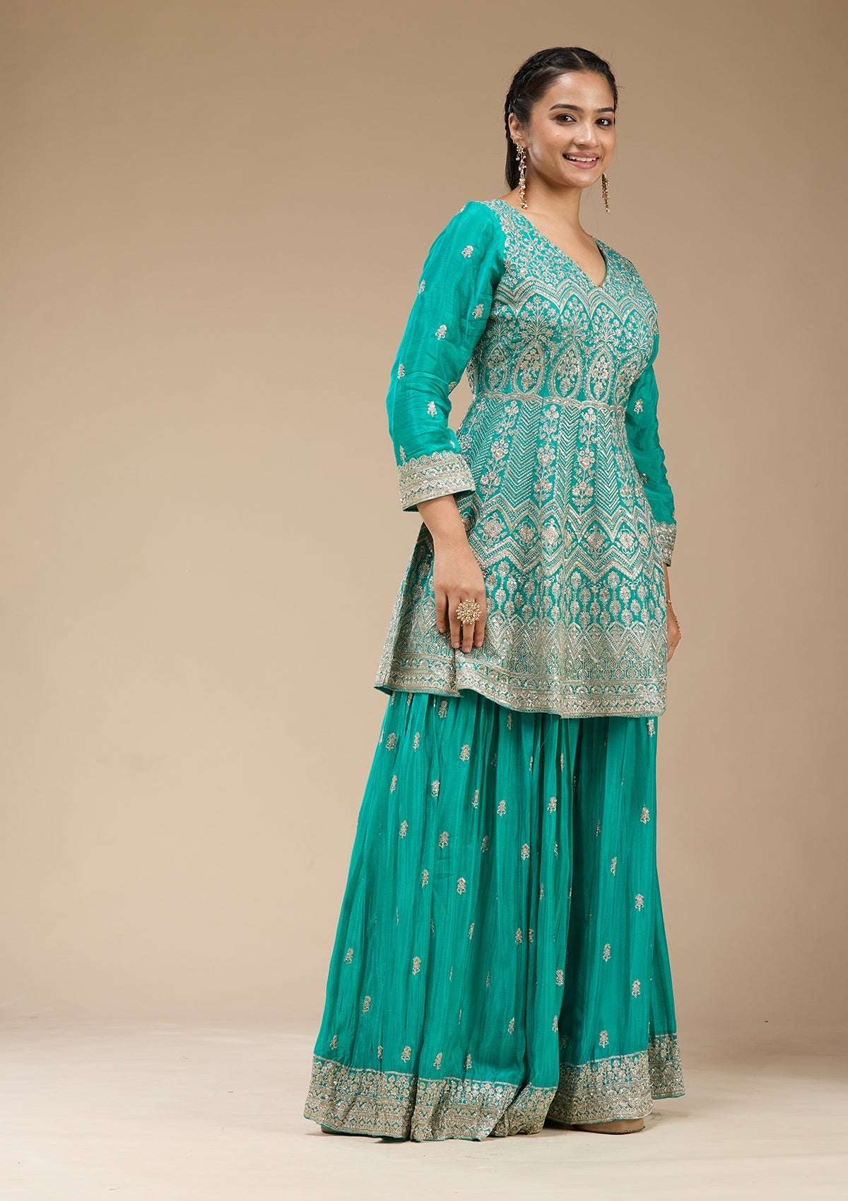 Sea Green Zariwork (Gold) Chinon Readymade Salwar Suit-koskii