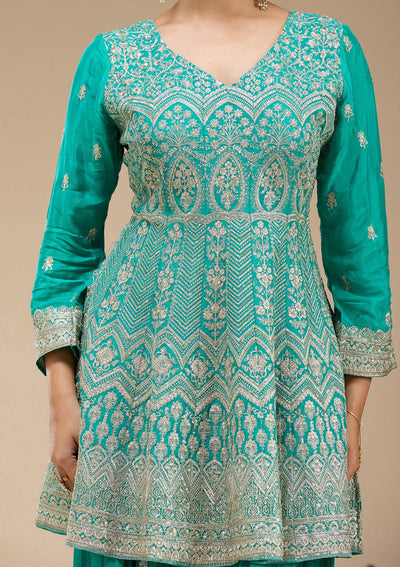 Sea Green Zariwork (Gold) Chinon Readymade Salwar Suit-koskii