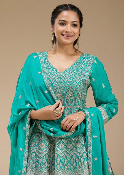 Sea Green Zariwork (Gold) Chinon Readymade Salwar Suit-koskii