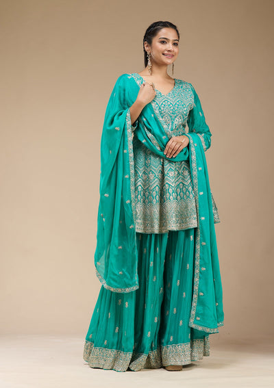 Sea Green Zariwork (Gold) Chinon Readymade Salwar Suit-koskii