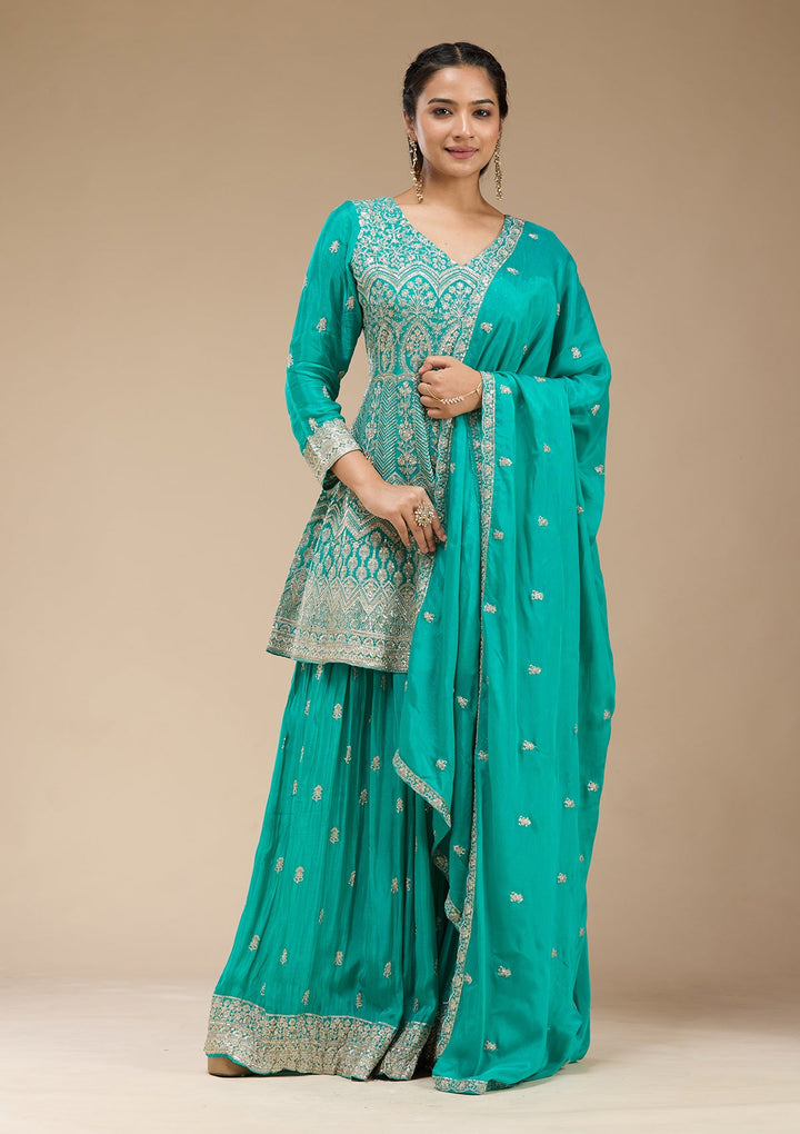 Sea Green Zariwork (Gold) Chinon Readymade Salwar Suit-koskii