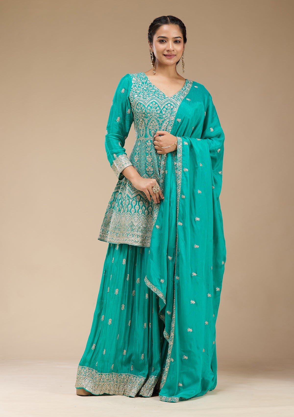 Sea Green Zariwork (Gold) Chinon Readymade Salwar Suit-koskii