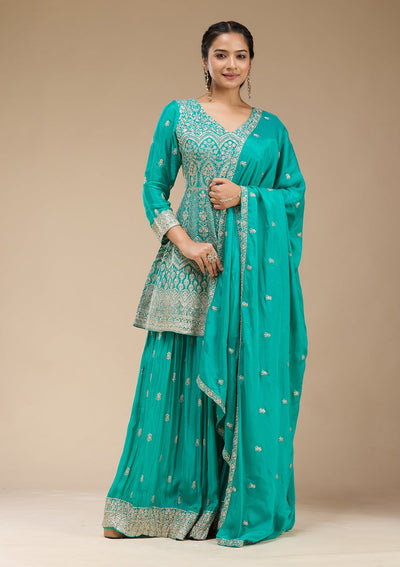 Sea Green Zariwork (Gold) Chinon Readymade Salwar Suit-koskii